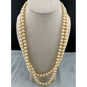 Vintage Trifari Double Strand Layered Faux Pearl Necklace Gold Tone 24"